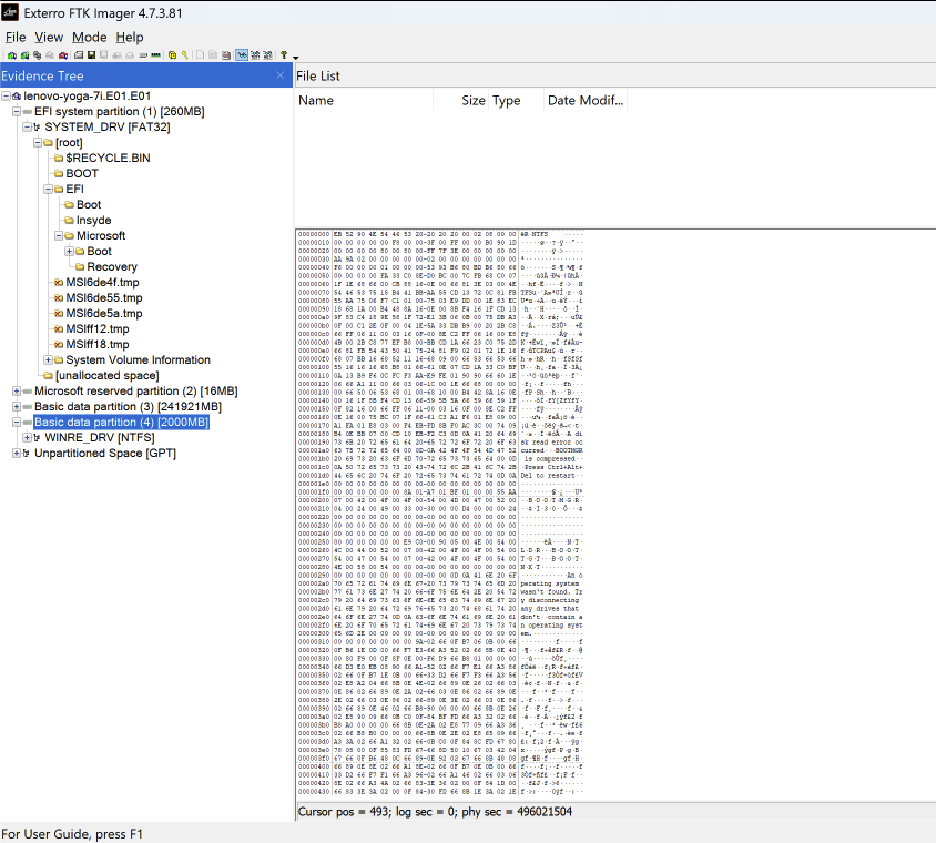 Screenshot of FTK Imager with System Image